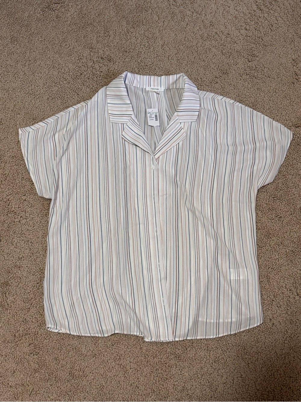 Maurices Cream Short-Sleeve Button-Down Shirt with Thin Multicolor Stripes